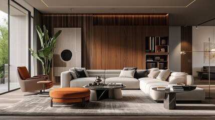 Obraz na płótnie Canvas Modern sophisticated living room interior design inspired by scandinavian elegance and color palettes 