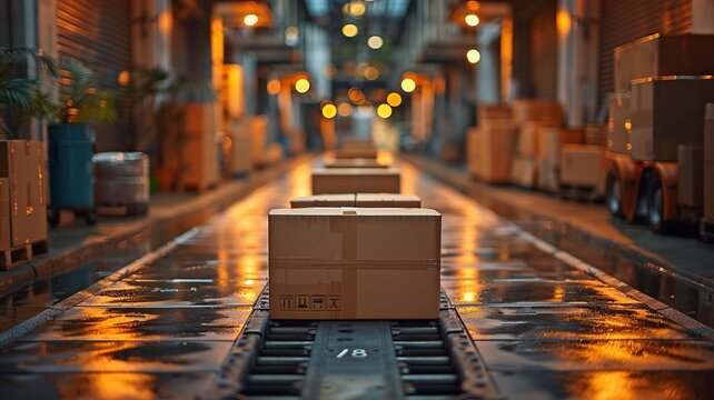 Boxes are loaded and packed onto a large truck outside the warehouse to maximize delivery efficiency.