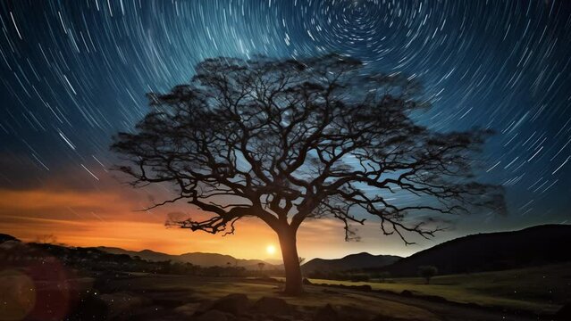 tree silhouette with amazing sky background. an extraordinary astrophotography image of a cosmic. seamless looping overlay 4k virtual video animation background 
