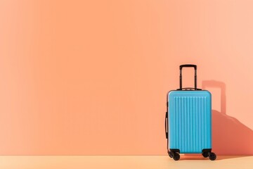 a blue suitcase is sitting in front of a pink wall