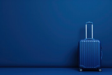 a blue suitcase is sitting in front of a blue wall - 737683333