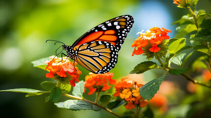  Monarch Butterfly Gracefully Resting on a Lantana Flower - A Beautiful Moment Capturing the Elegance of Wildlife in a Spring or summer setting, Natural  Background