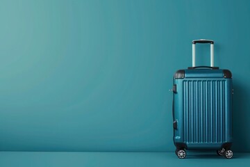 a blue suitcase is sitting in front of a blue wall - 737683392