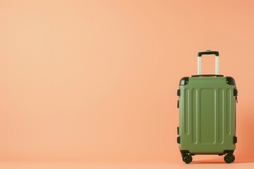 a green suitcase is sitting on a pink surface