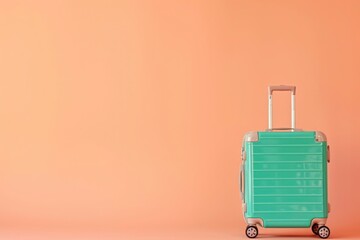 A green suitcase is rolling on a pink rectangle background