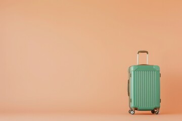 A green rectangle suitcase rests on a pink surface