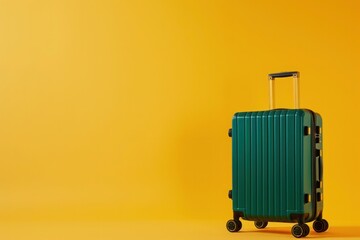 a green suitcase is sitting on a yellow background