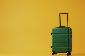 a green suitcase is sitting on a yellow background