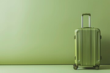 a green suitcase is sitting in front of a green wall