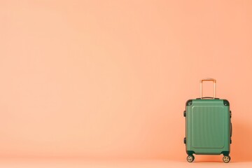 a green suitcase is sitting on a pink background