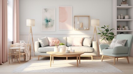 Interior design of modern contemporary simplest living room inspired with scandinavian color palette 