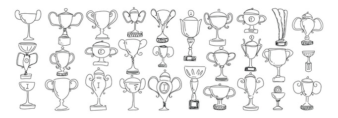 Doodle champion trophy cup. Hand drawn award decorative icons. Vector illustrations isolated on white background.