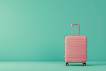 a pink suitcase is sitting in front of a green wall