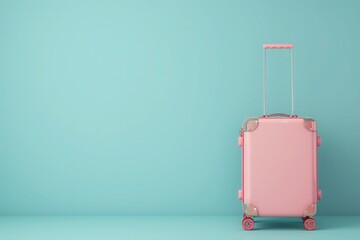 a pink suitcase is sitting in front of a blue wall - 737683948
