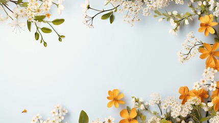 A frame made of a variety of spring flowers. Spring sale. - obrazy, fototapety, plakaty