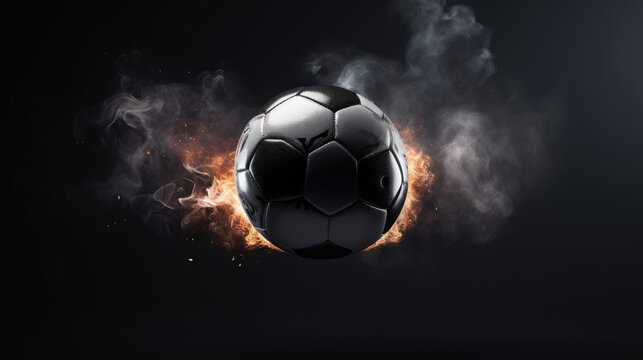 Creative image of a soccer ball on fire on a dark background.