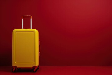 a yellow suitcase is sitting on a red floor in front of a red wall