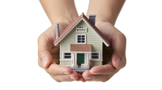 holding a miniature of a simple house with both hands, on transparency background PNG