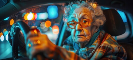 Grandma drives a car with one hand and the other. holding a beer can,speed light motion