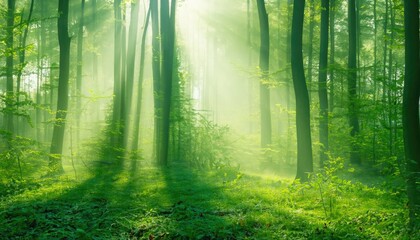 Fototapeta na wymiar Morning mist in a sunny forest