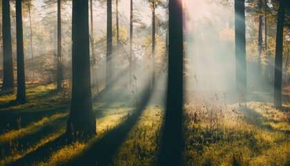 Naklejka premium Morning mist in a sunny forest