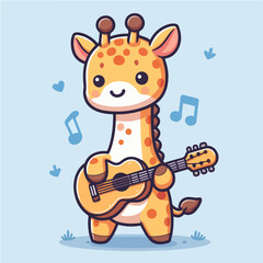 Cute giraffe playing guitar. Cartoon character mascot for children book, sticker, doodle. Giraffe mascot template playing music.