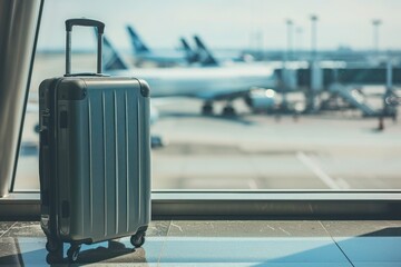 a suitcase is sitting in front of a window at an airport