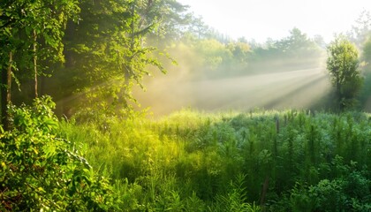 Fototapeta na wymiar Morning mist in a sunny forest