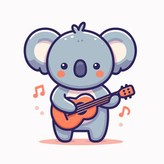 Cute koala bear playing guitar. Cartoon character mascot for children book, sticker, doodle. Koala bear mascot template playing music.