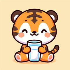 Cute tiger drinking milk. Cartoon character mascot for children book, sticker, doodle. Tiger drinking water mascot template.