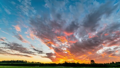 Summer sunrise with beautiful vibrant high clouds being illuminated by the rising sun
