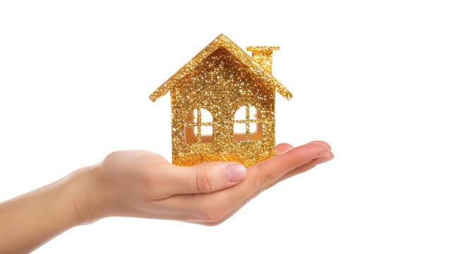 Hand holding a simple house made of gold isolated on transparency background PNG