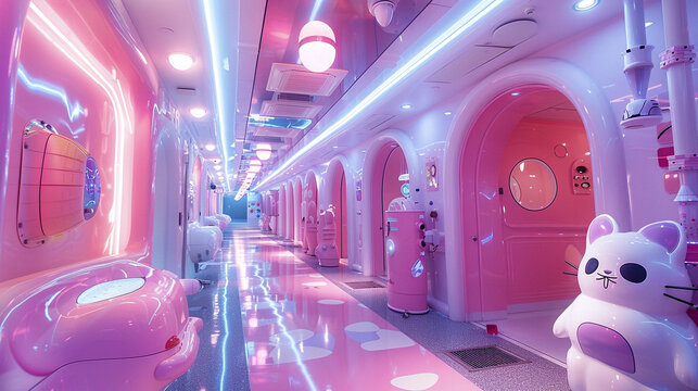Imagine a candy coated hospital scene with futuristic elements where ragdoll cats roam freely as patients