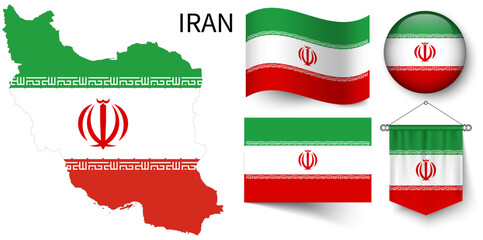 The various patterns of the Iran national flags and the map of Iran's borders