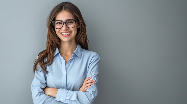 Happy young smiling confident professional business woman wearing blue shirt and glasses, happy pretty female executive looking at camera.
