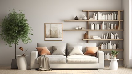 Fototapeta na wymiar Interior of light living room with sofa and shelf units. copy space for text.