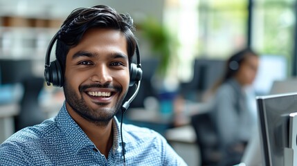 Male Indian contract service representative telemarketing operator smiling to camera. Happy man call center agent or salesman wearing headset working. - obrazy, fototapety, plakaty
