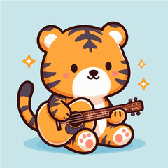 Cute tiger playing guitar. Cartoon character mascot for children book, sticker, doodle. Tiger mascot template playing music.