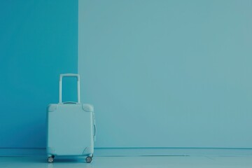 a white suitcase is sitting in front of a blue wall - 737686748