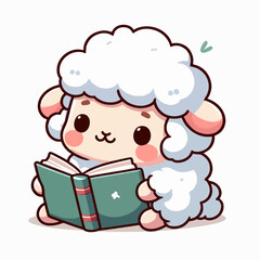 Cute little sheep studying while reading a book. Cartoon character mascot for children book, sticker, doodle. Sheep reading a book mascot template. 
