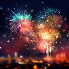 Fototapeta premium illustration - colorful fireworks in the night sky, bokeh blur background, out of focus city lights, background image.