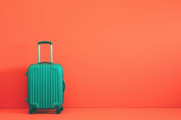 Obraz premium a green suitcase is sitting in front of a red wall