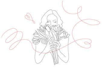 国際女性デー,線画,女性,しなやか,美しく強い,ハート,植物,チューリップ