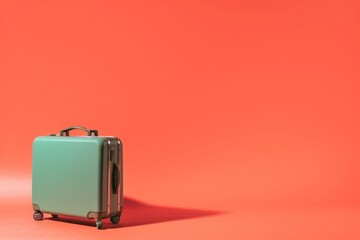a green suitcase is sitting on a red surface