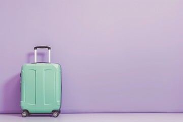 a green suitcase is sitting in front of a purple wall - 737686959