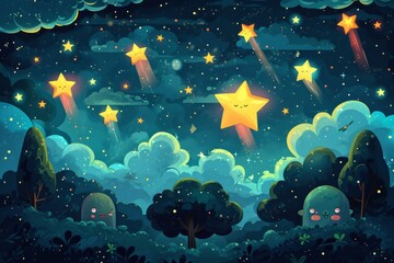 Fototapeta na wymiar Cartoon cute doodles of characters under a magical meteor shower, with shooting stars and a sense of wonder in the night sky, Generative AI 04