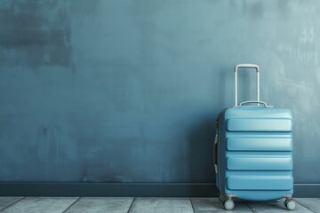 a blue suitcase is leaning against a blue wall - 737687704