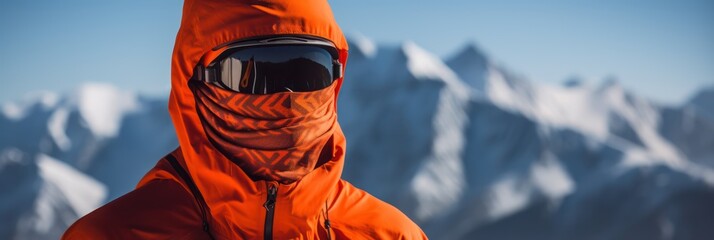 A Close-up of mountain range reflected in ski mask, orange ski mask, beautiful scenery, perfection.