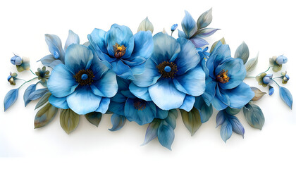 Raster illustration of beautiful blue flower arrangement with bracelet, leaves, and fragrant colors in sea tones. Suitable for botanical garden events and fine art decoration. - obrazy, fototapety, plakaty