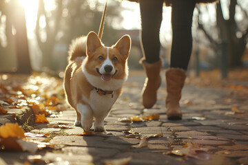 Owner and welsh corgi on a leash walking in the park.
